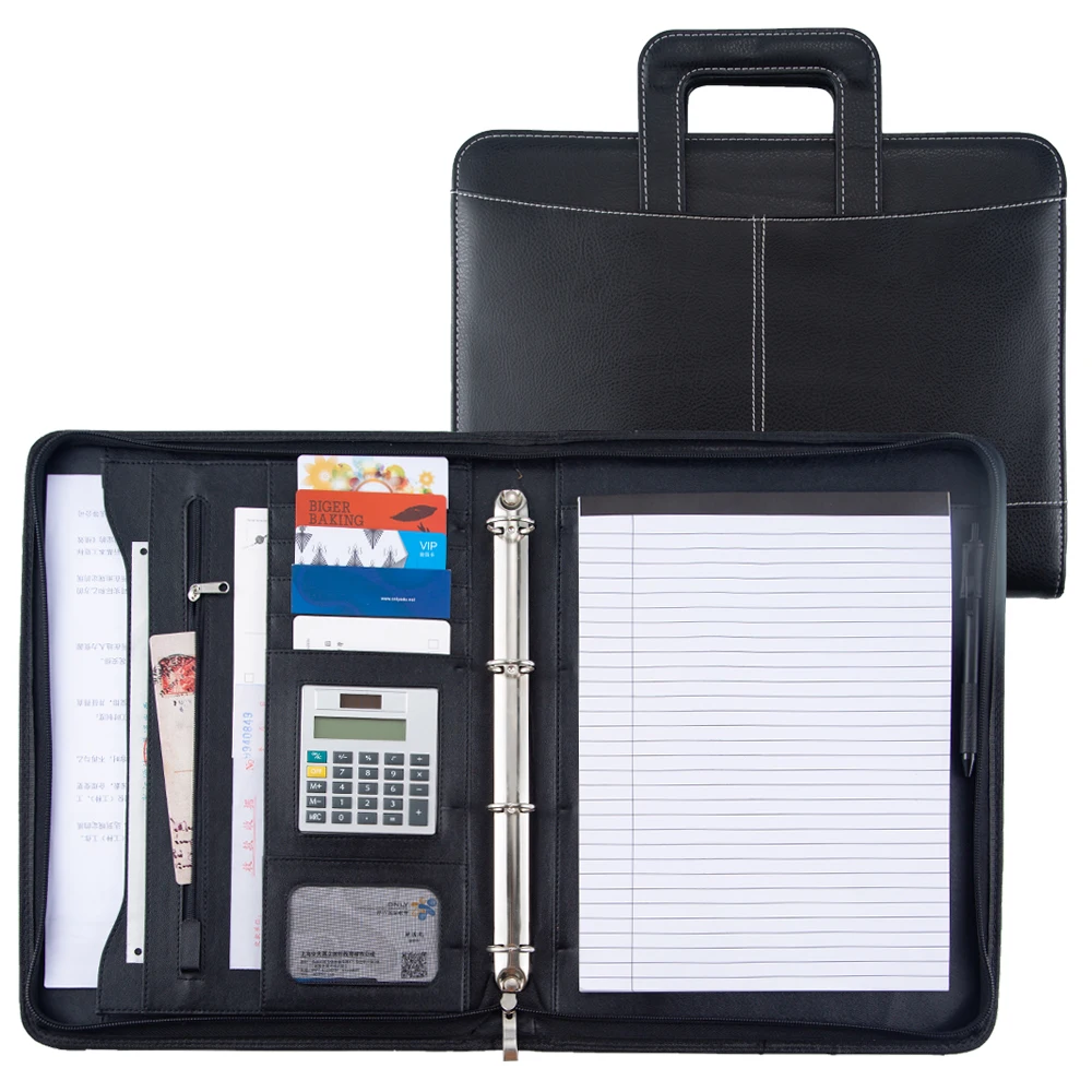 Carpeta de documentos de cuero PU con mango de calculadora, organizador de negocios, suministro de papelería con cremallera