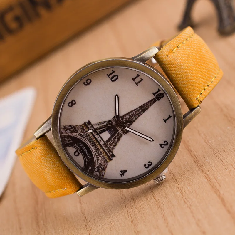 

T130005 Denim Retro Watch with Numbers Eiffel Iron Tower Students Casual Bronze Canvas Watch Strap Watch