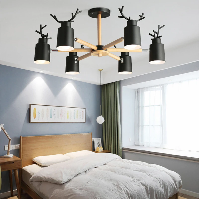 Nordic log living room bedroom chandelier E27 led metal lampshade creative personality kitchen&restaurant warm antler chandelier