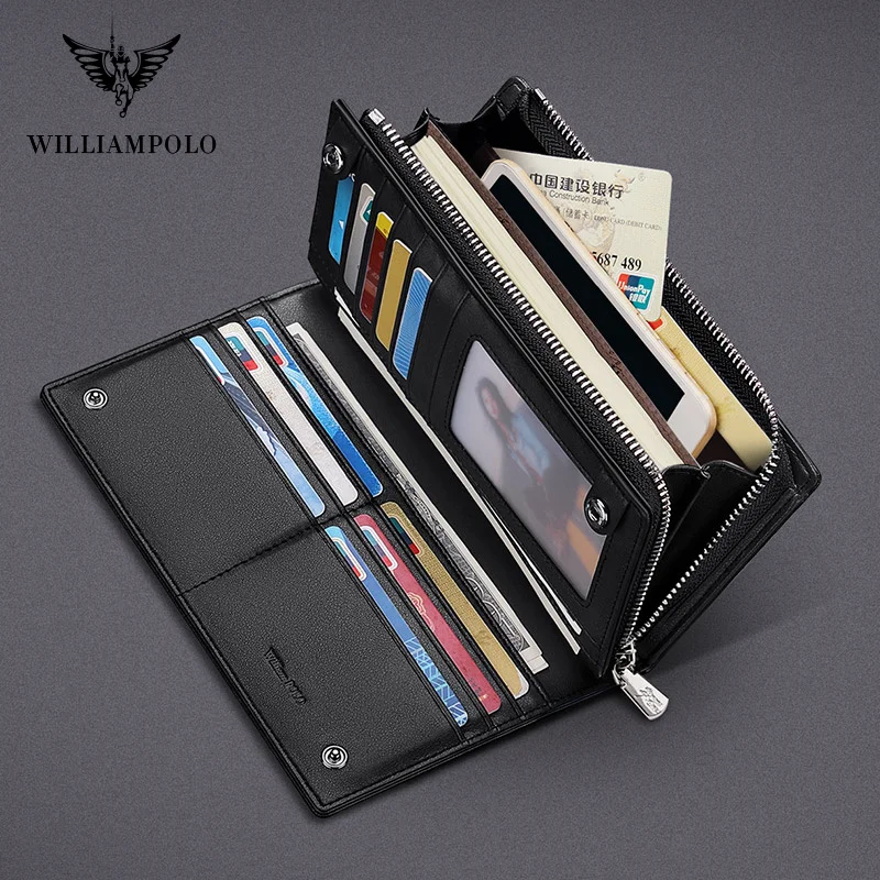 Мужской Длинный кошелек из кожи WilliamPolo Большой Вместительный клатч с отделением