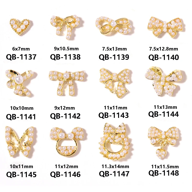 

New 10Pcs Nail Art Metal Inlaid Pearl Jewelry Japanese Bow Tie Nail Polish Glue Diamond Bow Tie Charm Nail Tip Accessories