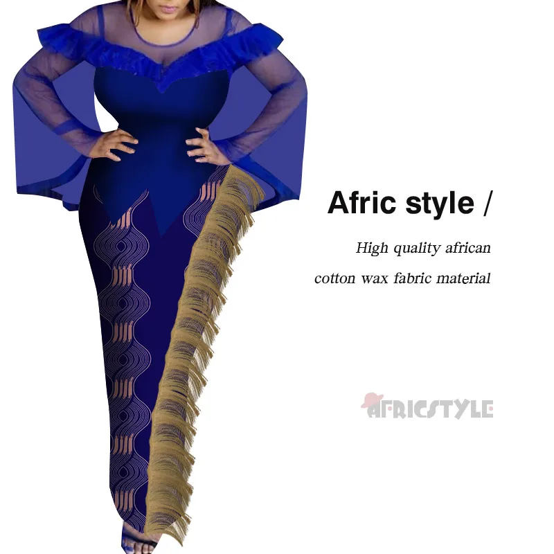 

2020 Afric Style 100% Wax Fabric Women Bell Bottom Dashiki Print African Style Casual Clubwear Party Long Dress WY6166