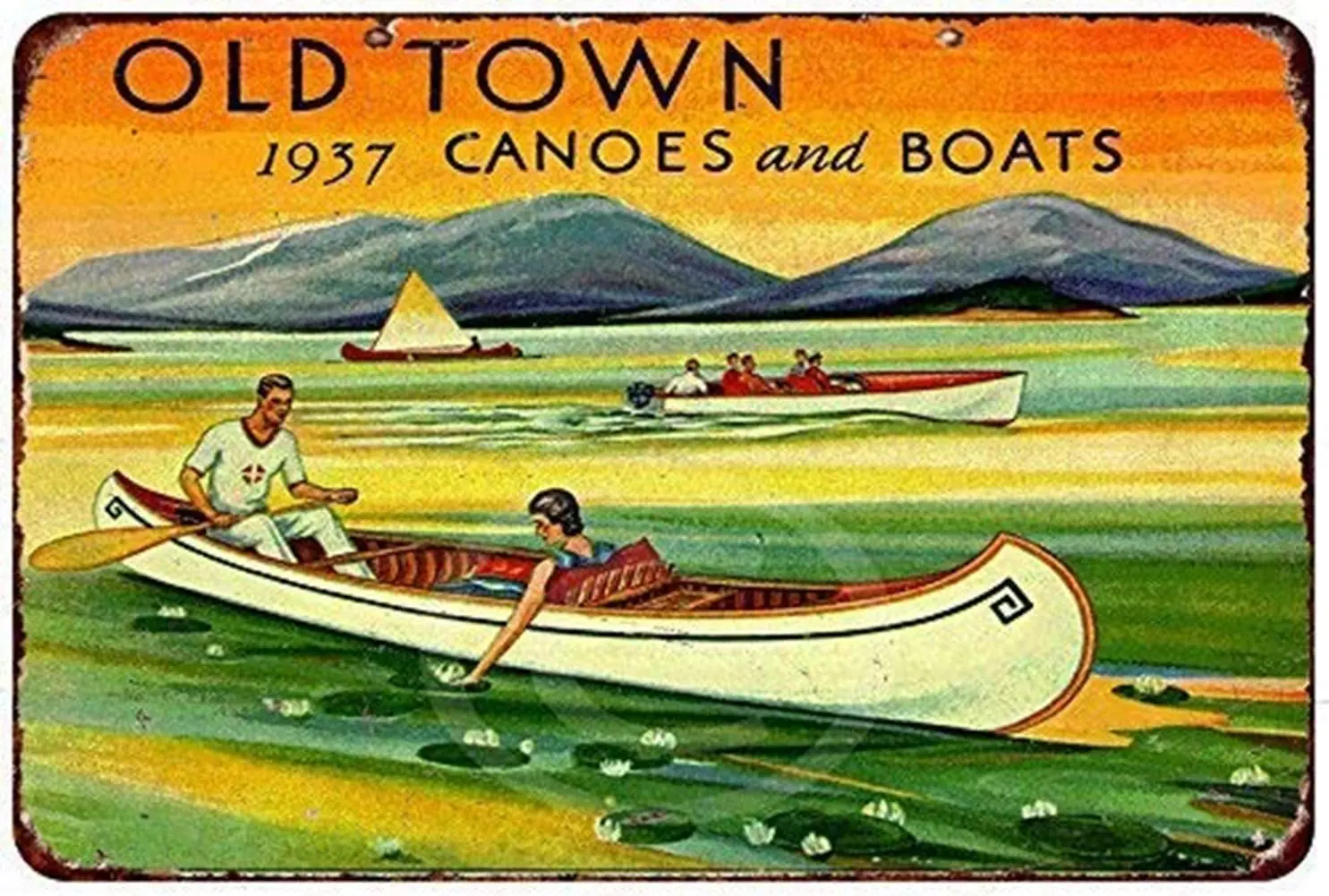 

1937 old city canoe and vintage boat metal sign board tin Poster Wall Art Deco ragged elegant gift