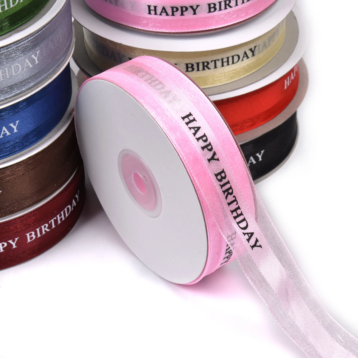 45Meters/Roll 25mm Happy Birthday Letter Printed Organza Ribbons Baby Shower Birthday Party Supplies Gift Box Wrapping Ribbons