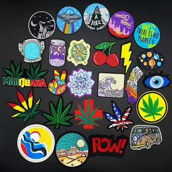 

New Cartoon Leaves Patch woven label Iron On Patches For Clothing Rainbow Stripes On Clothes DIY Garment Embroidery Fabric