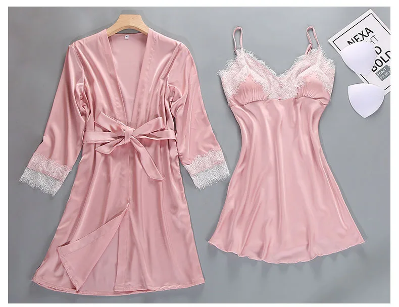 Queenral 2PCS Sexy Women's Robe Gown Sets Night Woman Nightgown Summer Nightdress Lace Satin Sleepwear Pajamas With Chest Pad   5
