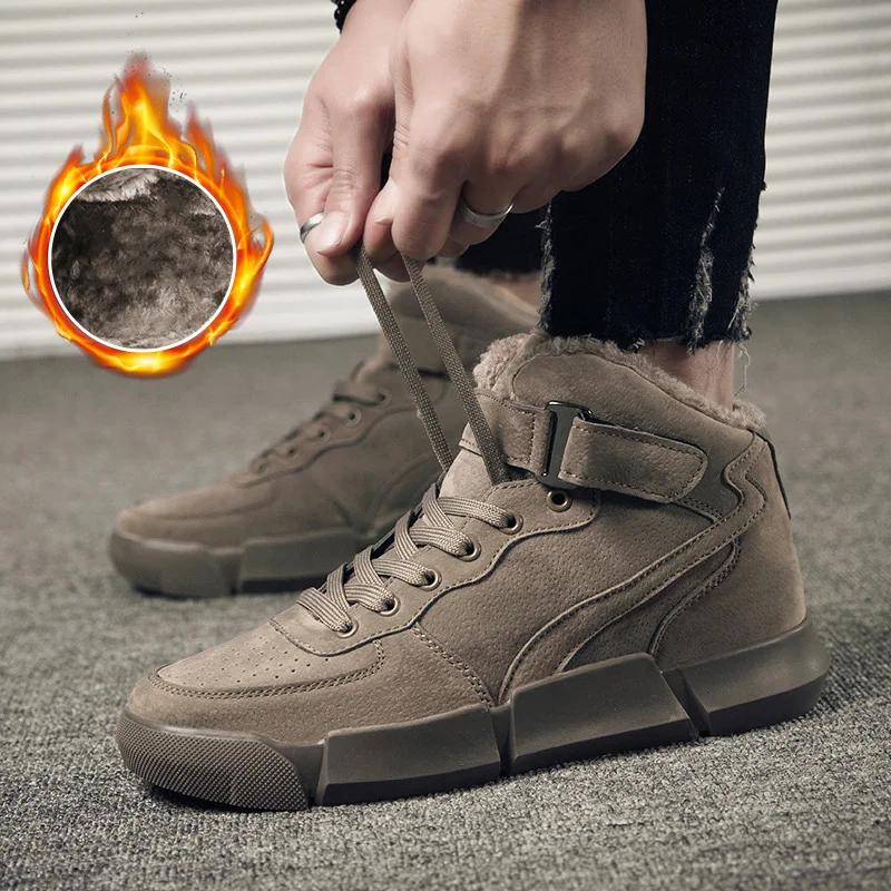 Winter Men Boots Plus Velvet Warm Sneakers Outdoors Waterproof Shoes Men High Top Lightweight Ankle Boots botas de hombre - Color: Khaki With Fur