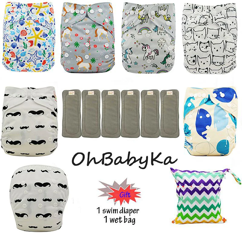 Ohbabyka Многоразовые детские тканевые подгузники бамбуковый уголь подгузники с карманами 6 шт. регулируемый по размеру подгузник Подгузники+ 6 шт. бамбуковые вставки - Цвет: 95