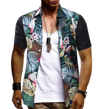 

Summer Men Beach Casual Shirt Loose Short Sleeve Tropical Print Patchwork Button Down Shirt Top Shirts Clothing For Men #5.2