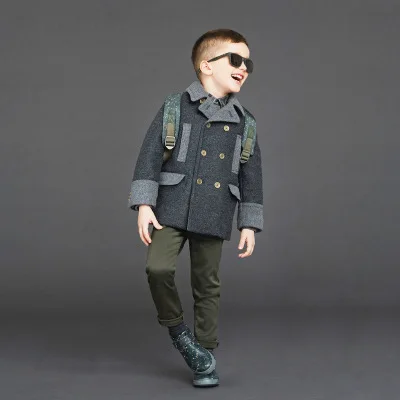 

England Gentlemen Boys Woolen Winter Jacket Warm Thicken Elegant Kids Woolen Coat Casual Patchwork Children Overcoats Clothing