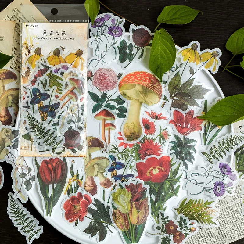 Vintage Ephemera Pack of 60 Card Making Journal Tropical Plants Style Note Decoration Stickers Easy Self-adhesive Mushrooms Leaves Birds Flowers Wildflowers Butterflies for Scrapbook Notebook 