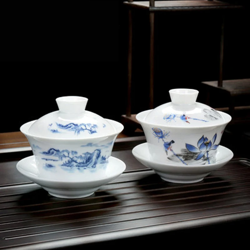Chinese Porcelain Kung Fu Teacups, Gaiwan, Beautiful Flower Cover Bowl, Lip Cup, Saucer Tea Set, Drinking Ware, 300 ml