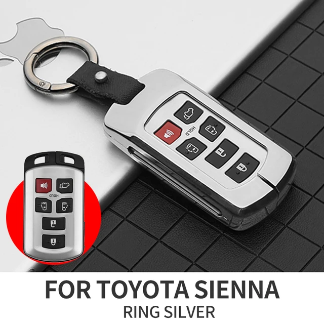 Metal leather Car Key Cover Case For Toyota Sienna 2011-2020 Key Tacoma Tacoma Smart Keyless Remote Keychain Protector 6 Button RING SILVER