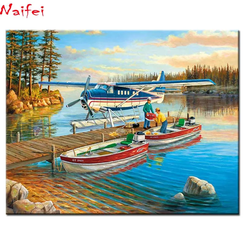 5D Diamond Embroidery Boat Lake Plane Landscape Handmade Diamond Painting Scenery Needlework Cross Stitch Home Decor-3