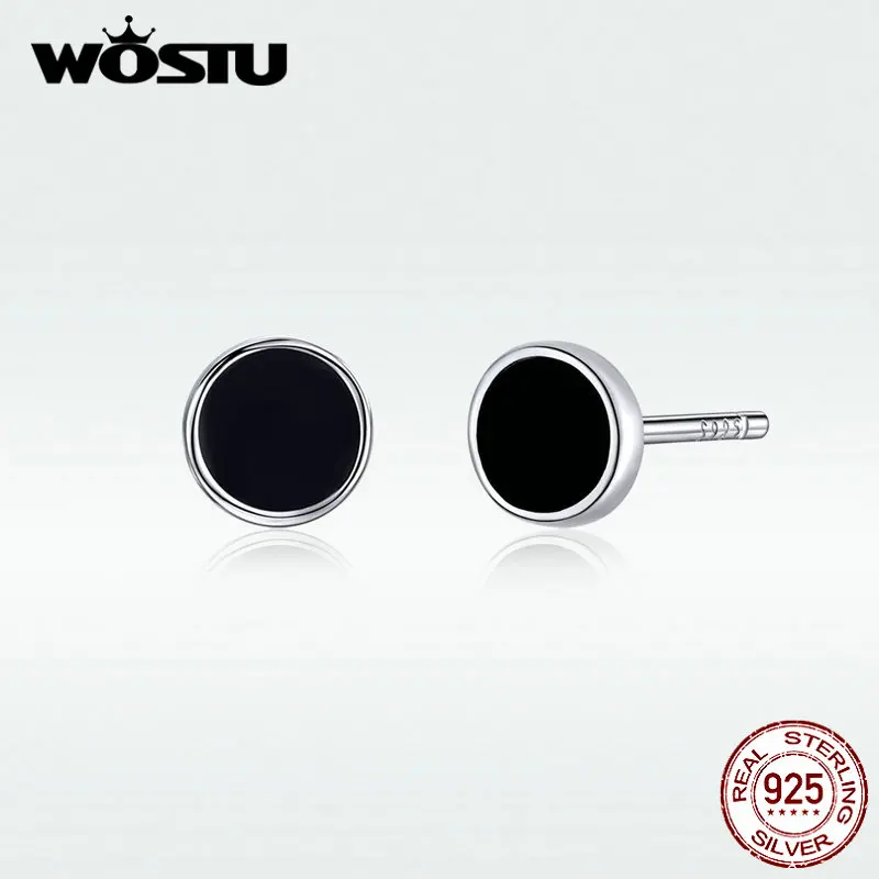 WOSTU, настоящее 925 пробы, Серебряные стильные черные круглые серьги-гвоздики для женщин, свадебные маленькие серьги, модные ювелирные изделия, подарки DXE694
