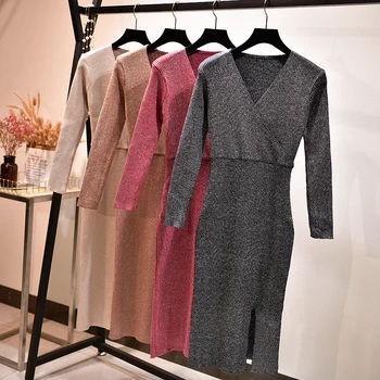 

Knee-Length Knitted Autumn Women Dress Lurex Glitter Sweater Dress V-neck Sexy Rib Female Pullover Dresses 1003-89