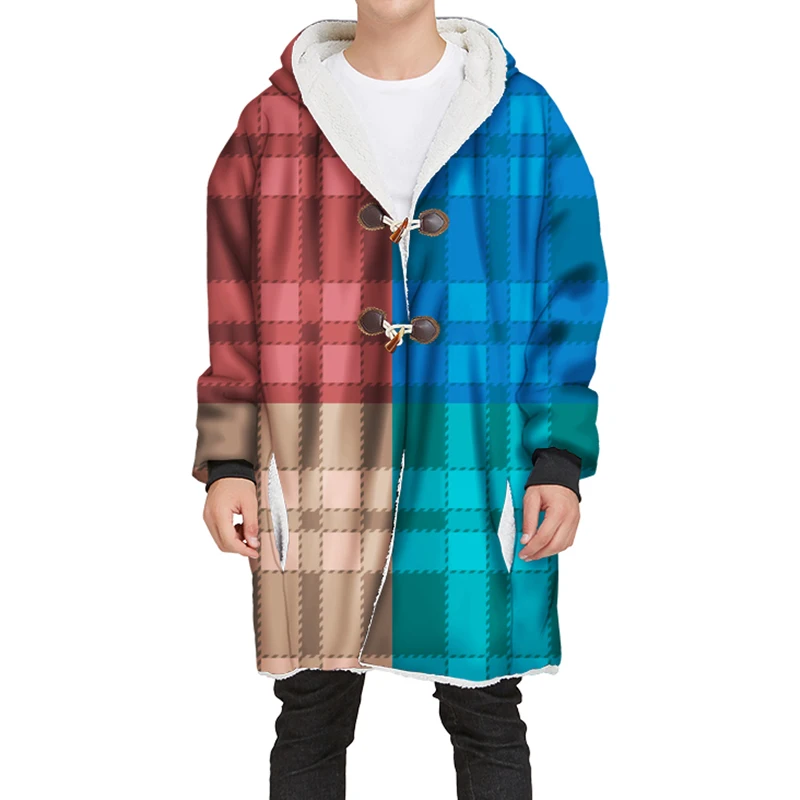 YOUTHUP New Winter Mens Long Velvet Hoodies 3D Different Plaid Printing Hooded Pullovers Thick Hoodies Streetwear