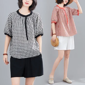 

2020 Summer Cotton And Linen Plaid Art Retro Leisure Women Tops Blouse Red Black Loose Woman Clothes Oversize
