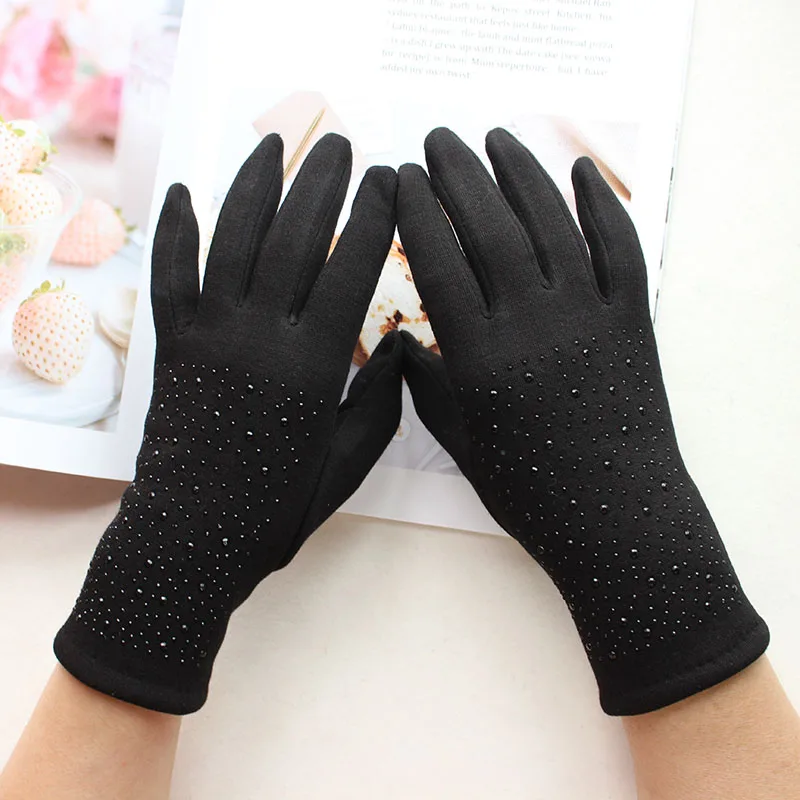 Cotton Gloves Women's Black Stretch Heat Drill Knit Ladies Touch Screen Girls Outdoor Riding Autumn Warm Gloves