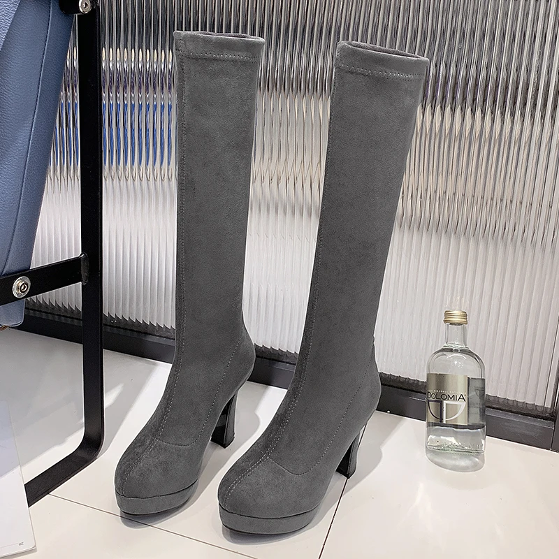 Rimocy Коренастый Высокие сапоги до колена на платформе Для женщин модные эластичные длинные сапоги на высоком каблуке Женская обувь, Большие размеры теплая обувь для вечеринок женские