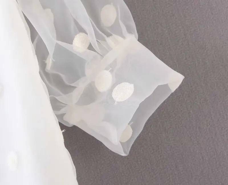 Винтаж стильный Polka Dot прозрачные короткие топы, женские блузки мода галстук-бабочка Фонари рукав Офисные женские туфли рубашки для мальчиков