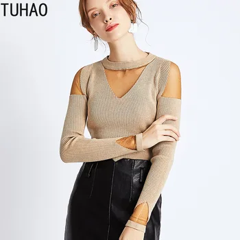

Bottoming Casual Shirt Woman's Sweater Mesh Off-the-shoulder Knit Long Sleeve Slim Elastic Sexy Pullover Tops T196