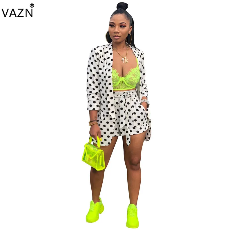 

VAZN SD9165 New Office Free Fashion 2019 Casual Young Fashion Popular Dot Long Sleeve Cloth Top Short Pants Women 2 Piece Set