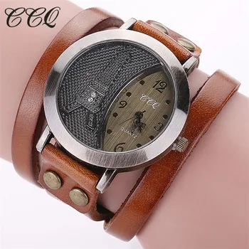 

CCQ Brand Vintage Genuine Leather Bracelet Tower Watches Casual Women Wristwatches Quartz Clock Relogio Feminino