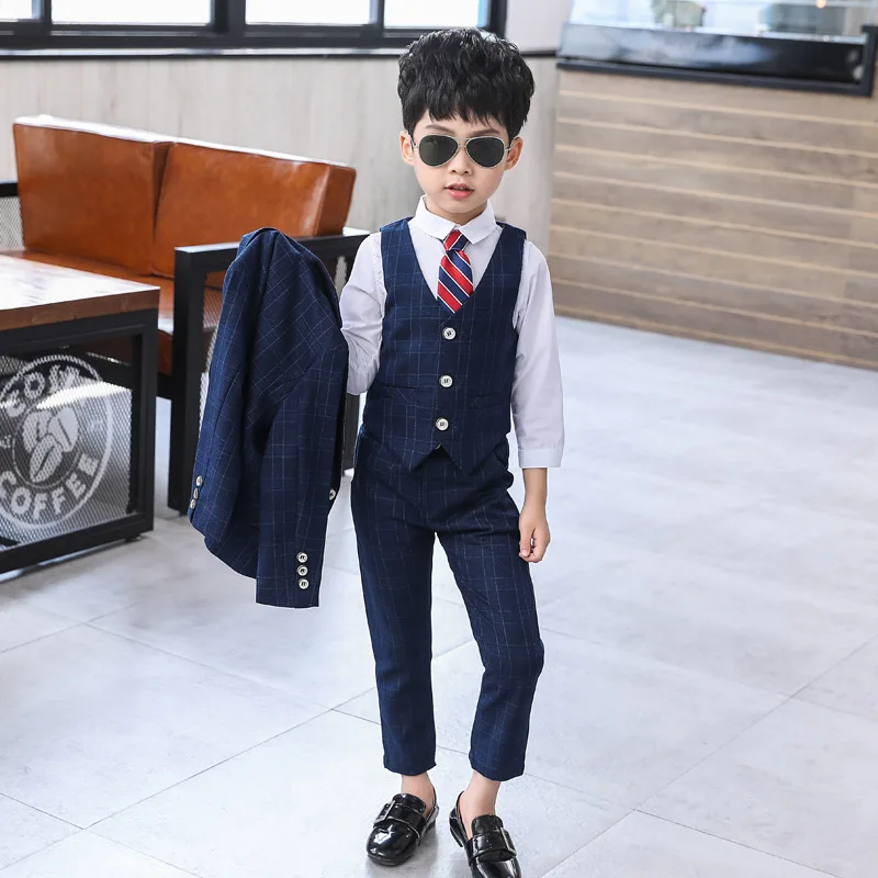 Dollplus/ строгая детская одежда, одежда для маленьких мальчиков комплекты одежды для маленьких мальчиков Одежда для детей костюм для мальчиков на свадьбу, костюм-смокинг для подростков одежда для вечеринки 3 шт./компл. в клетку Детский комплект