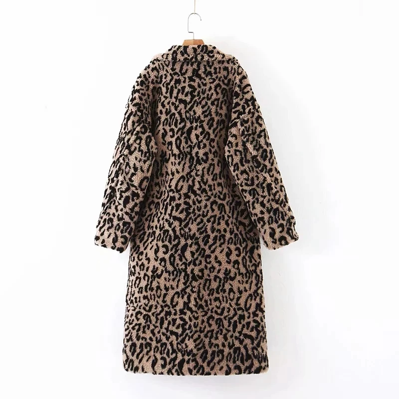 Withered winter woolen overcoat women england vintage Leopard Print Lamb hair drop shoulder oversize thick trench coat women top
