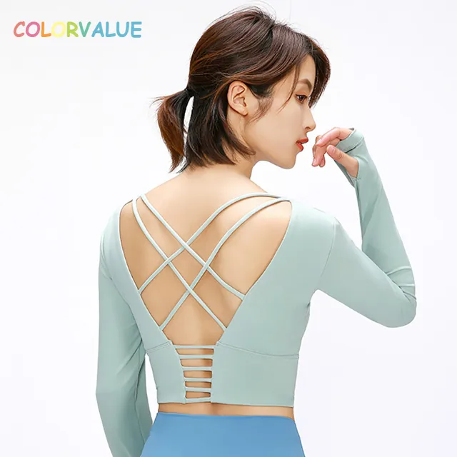 US $17.94 Colorvalue Back Cross Straps Yoga Fitness Shirts Women Padded Anti-sweat Gym Workout Long Sleeved C