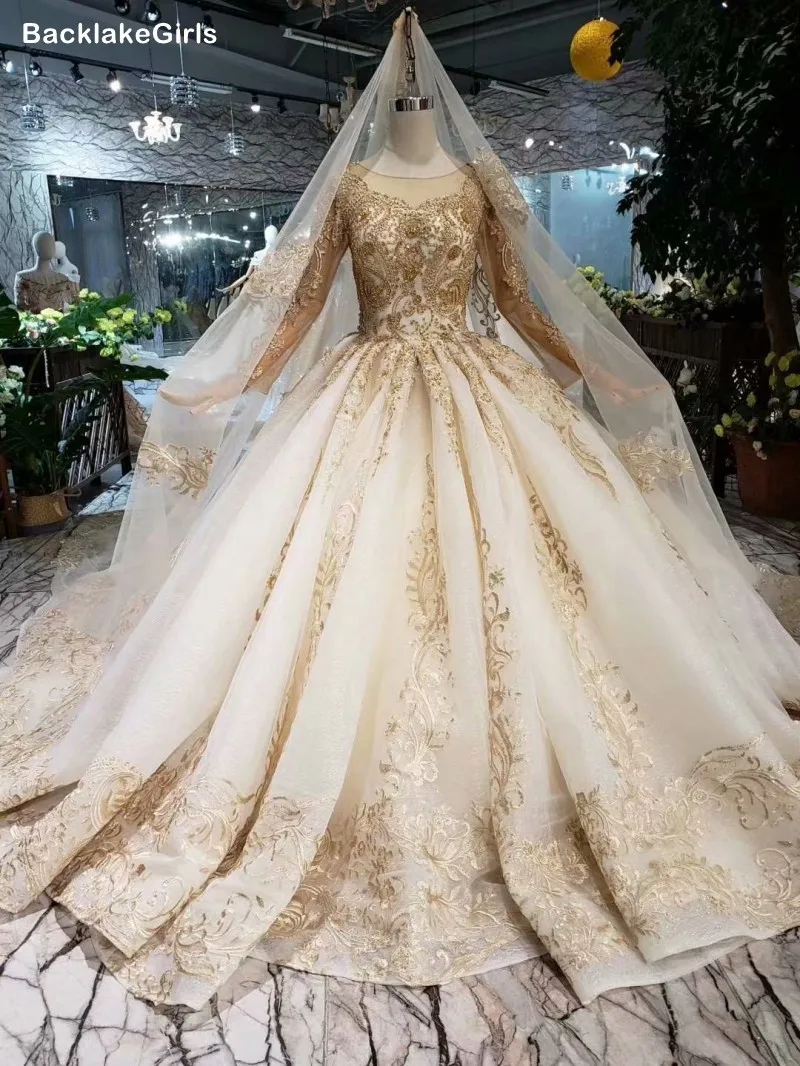 Золотые Свадебные платья с круглым вырезом и длинным рукавом бальное платье