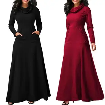 

Plus Size Autumn Women Solid Color Cowl Neck Long Sleeve Maxi Dress with Pockets Cowl Neck Long Sleeve Maxi Dress with Pockets