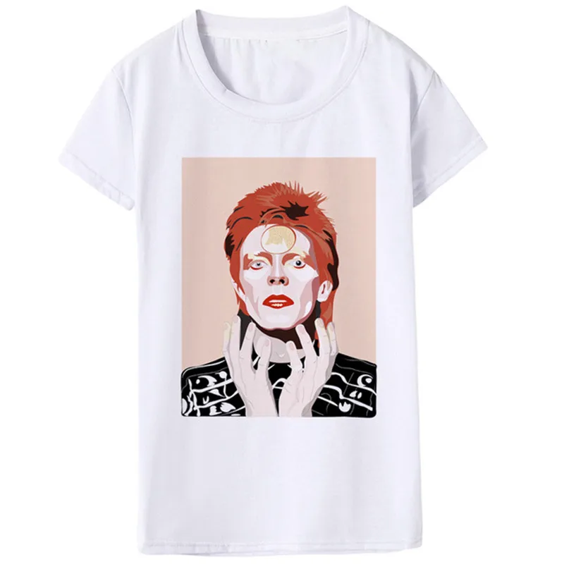 Летняя женская футболка с изображением Дэвида Боуи, хип-хоп, белая, с принтом рок-Боуи, забавная футболка, Женская Повседневная футболка с изображением Дэвида Боуи, топы для женщин - Цвет: 1338