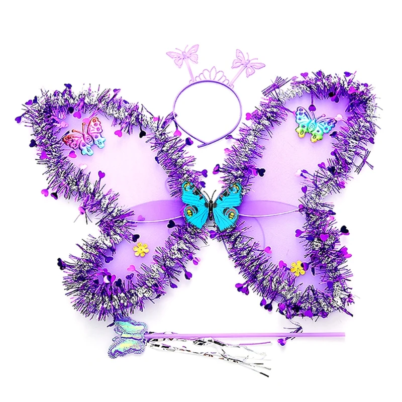 

EDCRFV 3Pcs Kids Girls Fairy Costume Set Glitter Tinsel Sequins Tassels Butterfly Angle Wing Boppers Headband Wand Party Props