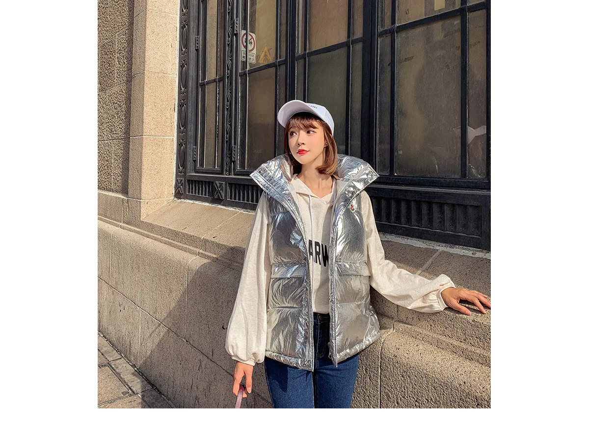 Autumn And Winter New Style Korean-style Stand Collar Loose-Fit Thick Bright Surface down Feather Cotton Vest Short Coat Wo