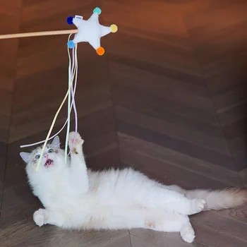 

1Pcs Starry Sky Funny Cat Stick Wooden PP Cotton Stars Moon Clouds Funny Cat Pole with Ribbon Interactive Pet Toy Cat Accessory
