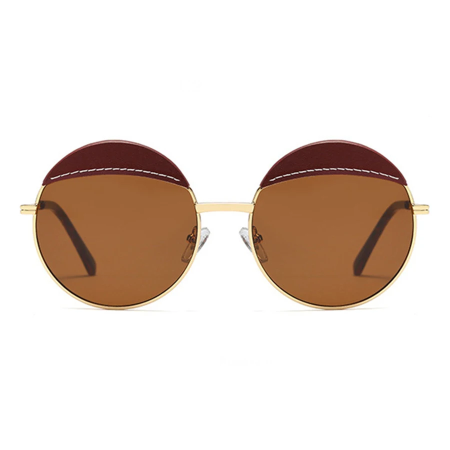brown sunglasses Брендовые дизайнерские Круглые Солнцезащитные очки для женщин стимпанк Oculos оттенки кожаная оправа Ретро зеркальные солнцезащитные очки UV400 очки - Цвет линз: brown sunglasses