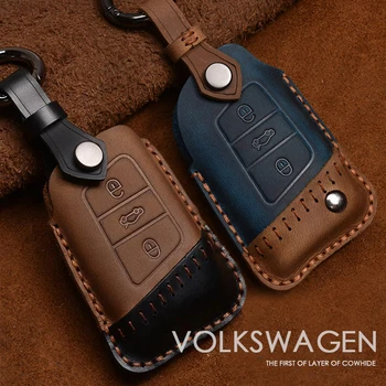 

Retro Handmade Genuine Leather Smart Car Key Cover Case Bag for Volkswagen PASSAT B8 Key Case Cover for Skoda Superb III