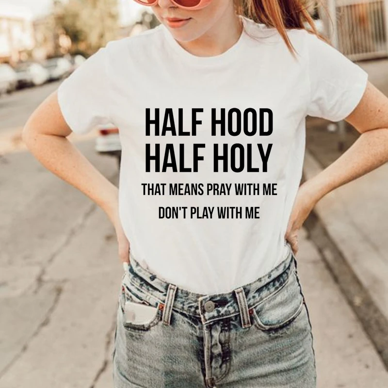 Harajuku Half Hood Half Holy Printed T Shirt Women Short Sleeve O Neck Tshirt 21 Summer Tee Tops Female Camisetas Mujer Tumblr T Shirts Aliexpress