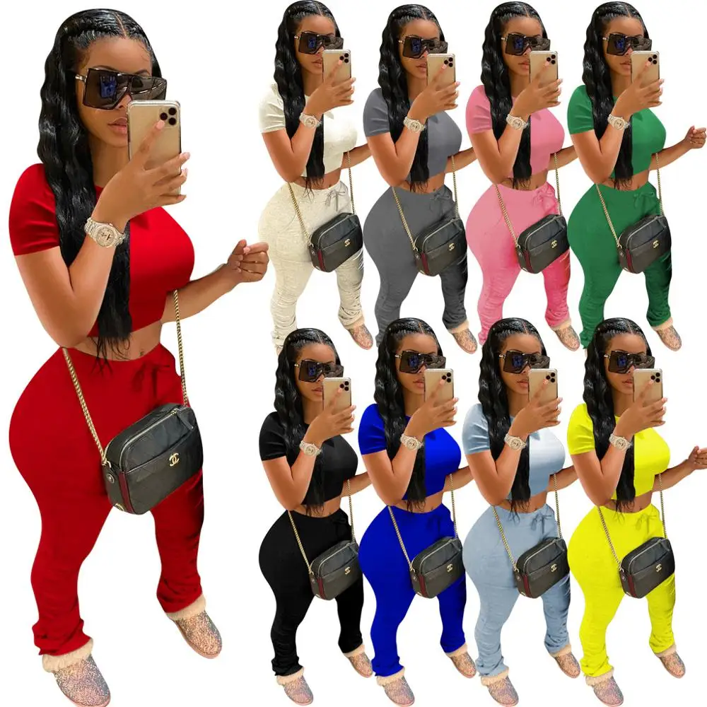 Tracksuits Women Two Piece Set Short Sleeve Shirt Crop Top + Flare Pants Casual Stacked Joggers Bell Bottom Pants Matching Suits