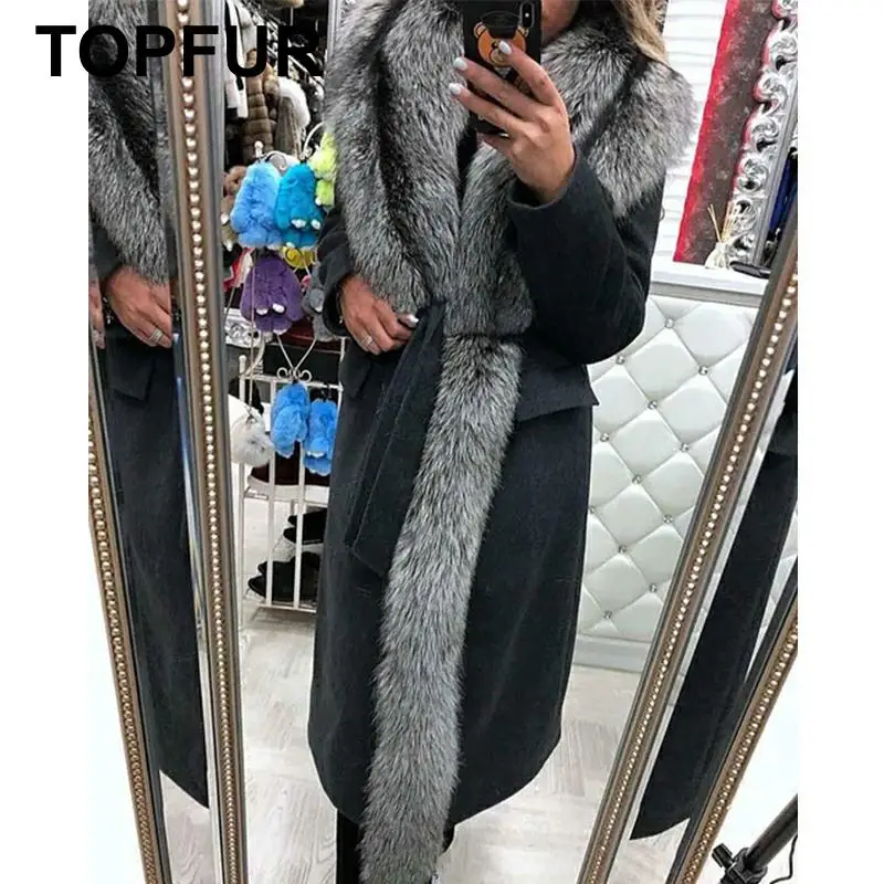 Женское кашемировое пальто с большим лисьим мехом роскошное длинное толстое