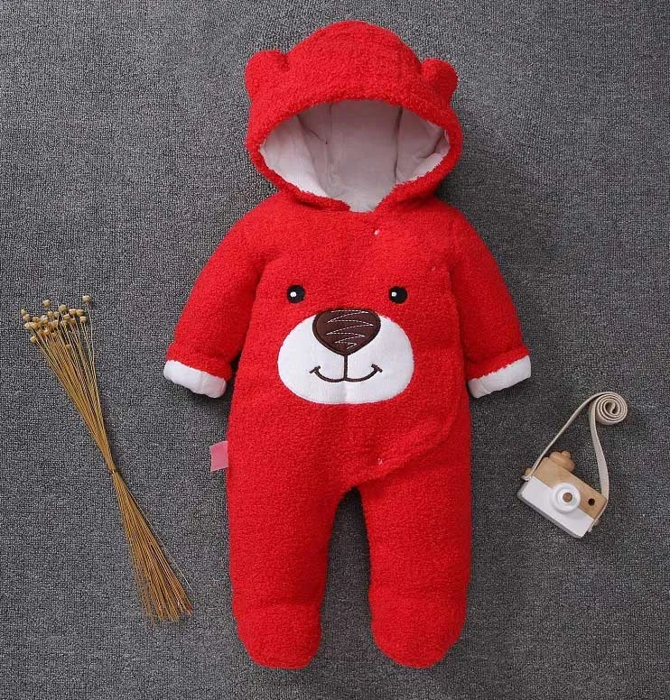 Красный Комбинезон с медвежонком roupa infantil, зимняя одежда для новорожденных от 0 до 12 месяцев, детская зимняя одежда унисекс комбинезоны - Цвет: Красный