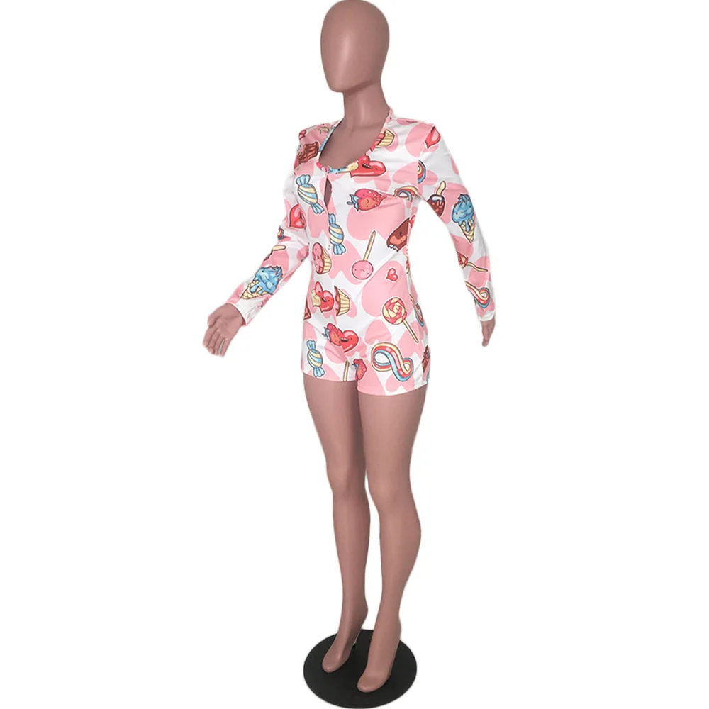 Lemon Gina новинка осень конфеты мультфильм печати длинный рукав Bodycon Короткий сексуальный комбинезон A8119
