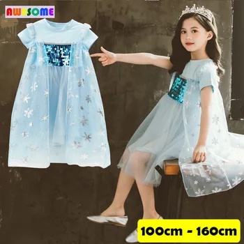 

Boutique Children's Clothing Cotton Mesh Snow Print Elsa Dress for Kids Girl's Ice Princess Sequin Glitter Dress Blue 3-14 years
