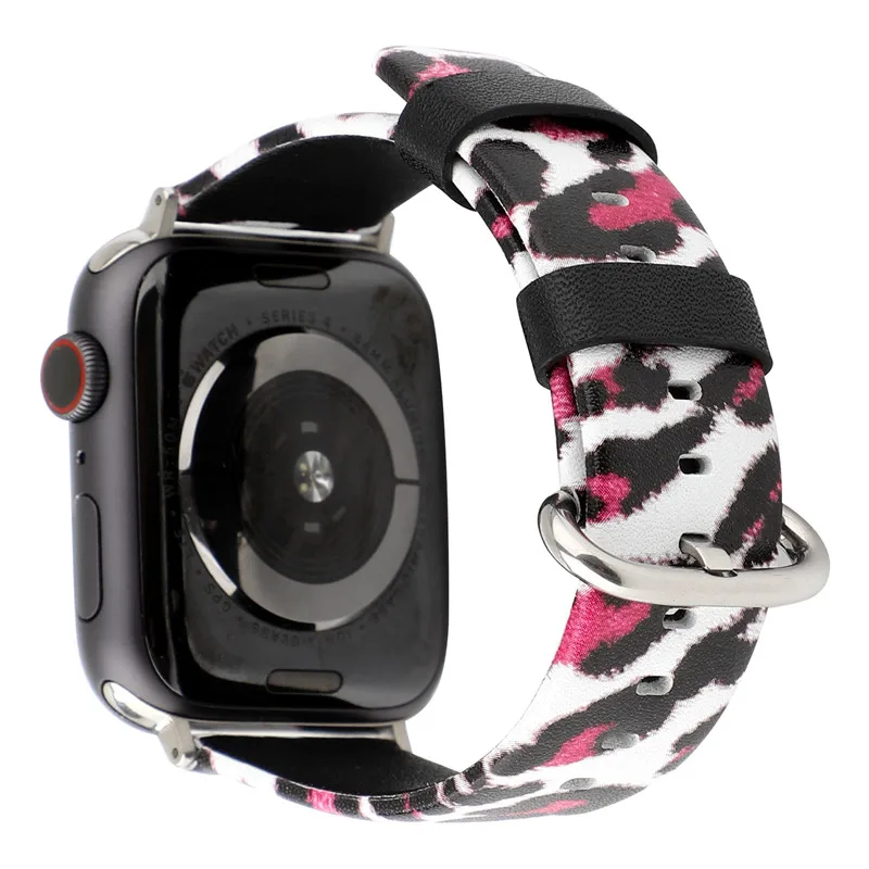 С леопардовым принтом сменный ремешок 44/40 мм для Apple Watch, версии 4 группа кожаный браслет с надписью для наручных часов iWatch серии 38/42 мм браслет ремень 3/2/1