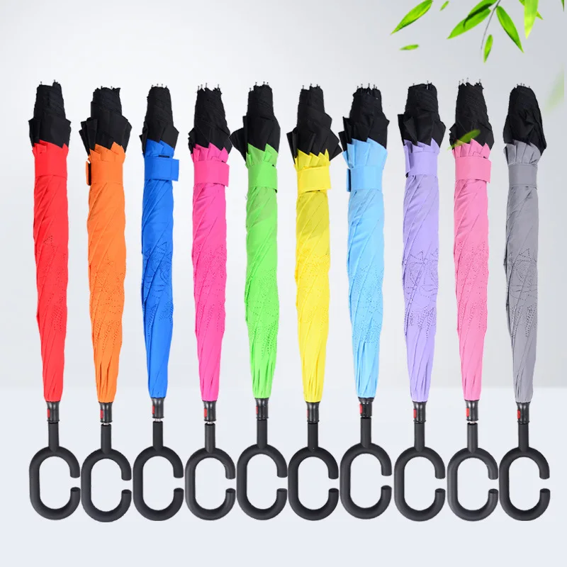 

Hand Open Reverse Umbrella C- Shaped Umbrella Creative Hands-Free Inverted Umbrella Solid Color Anti-Bone Double Layer Car Only