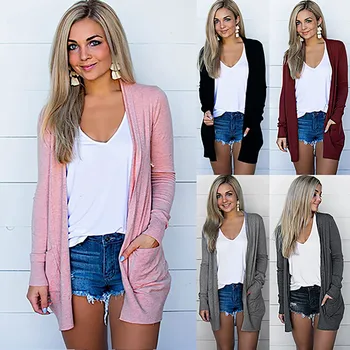 

Whoohoo Ladies And Women's Solid V-neck Cardigan Slim Wild Casual Long-sleeved Women's Jacket Pocket Jacket