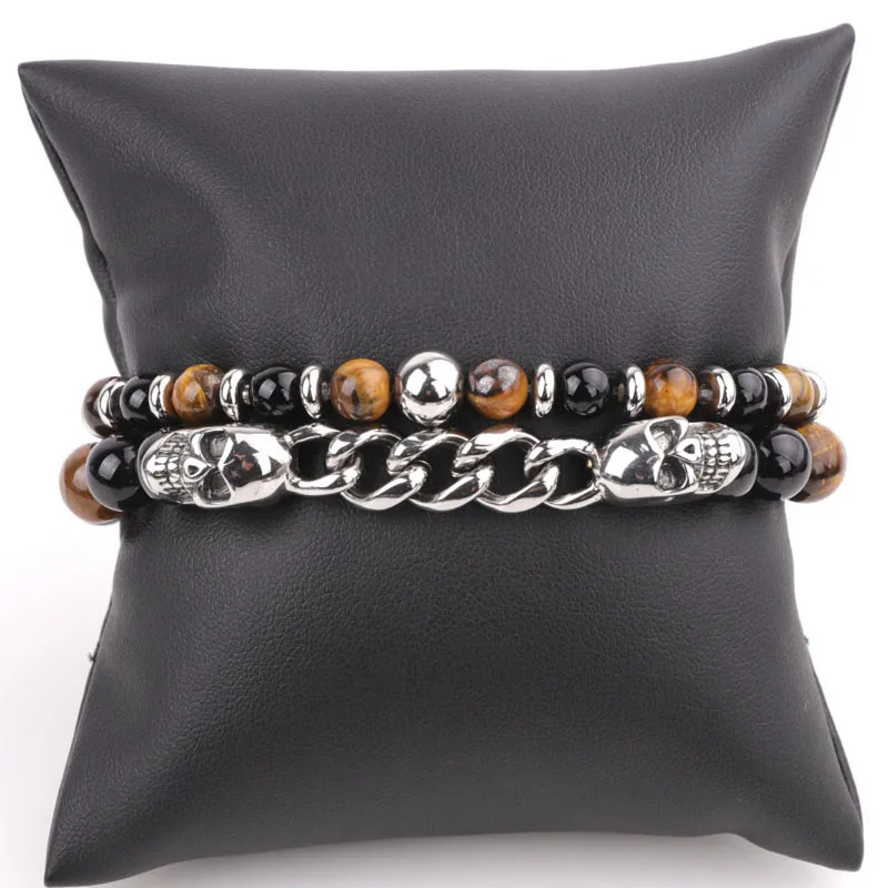 New Design High Quality Natural Stone Stainless Steel Skull Beaded Elastic Bracelet Set