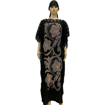 

New African Diamond long Dashiki Summer Flower Design Black Dress with Scarf For Lady African clothes 120#